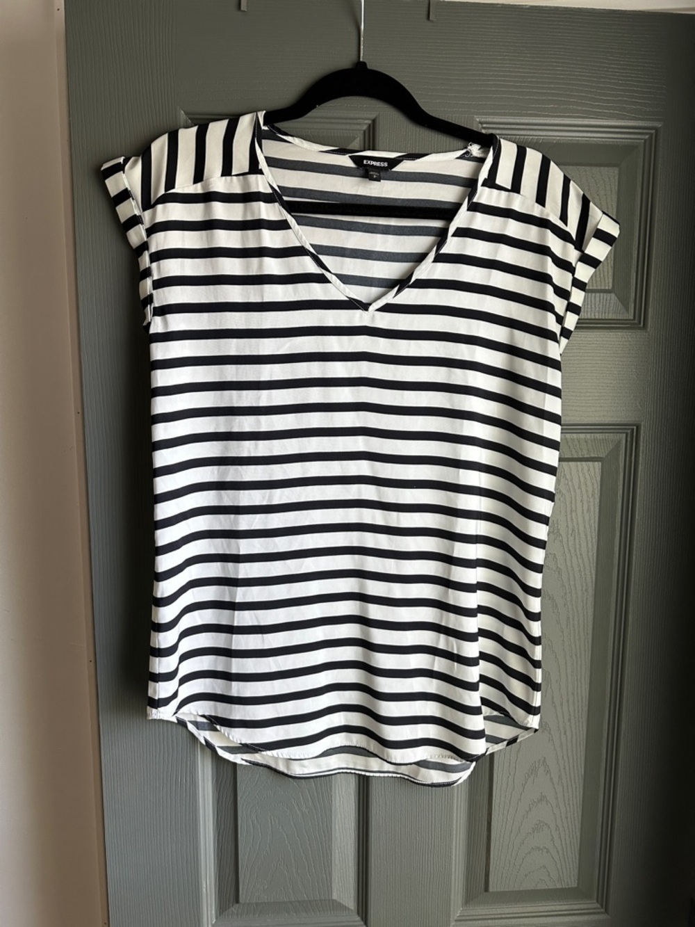 Express Black & White Striped V-Neck Cap Sleeve Tee